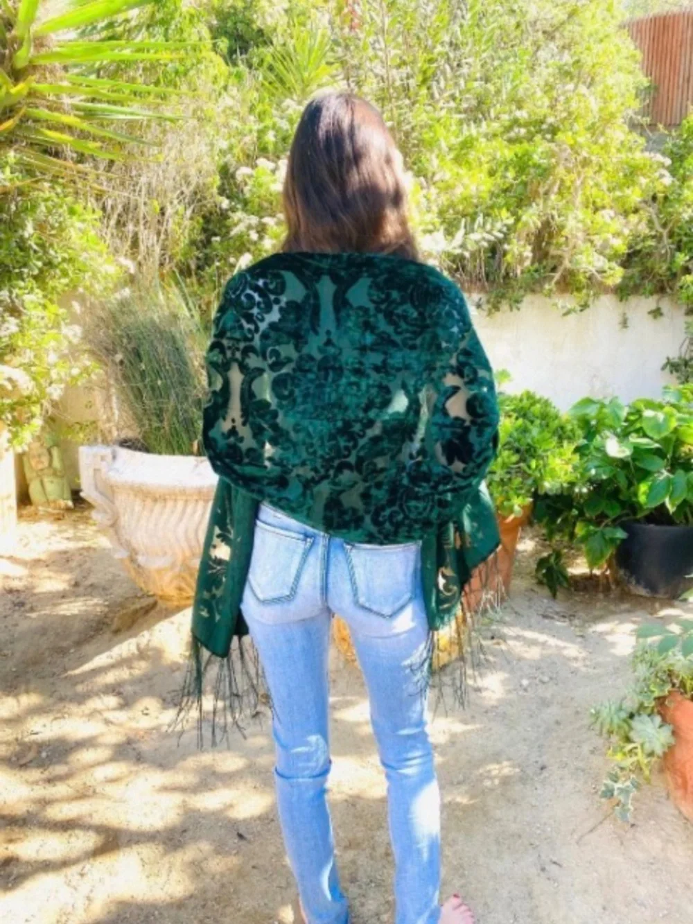 Beautiful Green Velvet Scarf, Semi Sheer, Burn out, Fringed, Piano Scarf, Damask